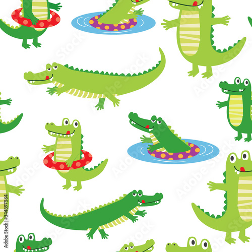 Seamless cute Crocodile character sets on white background  vector illustration