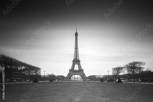 Beautiful cityscape view of the Eiffeltower in Paris, France, a popular tourist attraction, in black and white