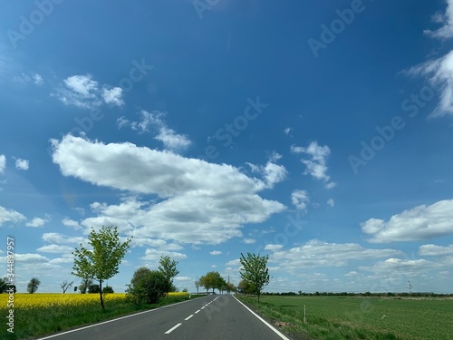 Bright beautiful summer landscape of the countryside, road and clouds. View of beautiful clouds and a blooming field with flowers in a meadow. Mobile photo