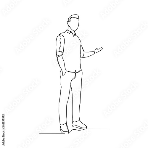 continuous line drawing of standing business man show presentation gesture. Vector illustration