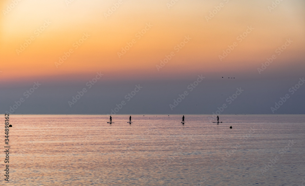 Silhouttes of four stand-up paddler in the sea at sunset Silhouttes of four stand-up paddler in the sea at sunset