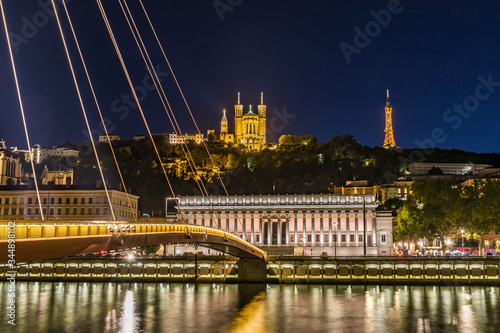 View of Saone river and Vieux Lyon at late sunset