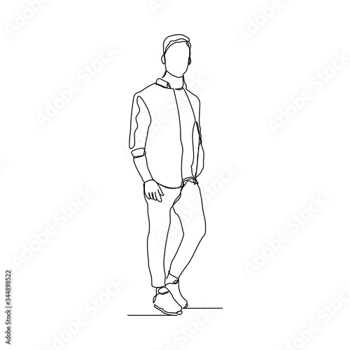 Continuous line drawing of standing young man gesture. Vector illustration