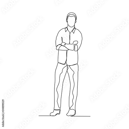 Continuous line drawing of standing man crossing hand gesture. Vector illustration