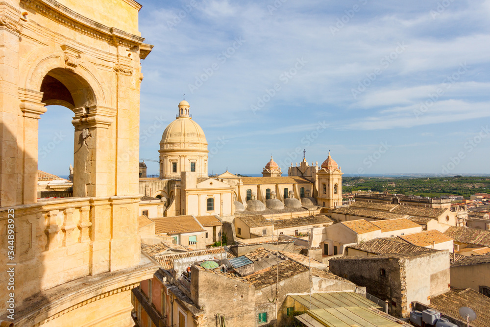 Panoramic view of Noto old town and Noto Cathedral, Sicily, Italy.