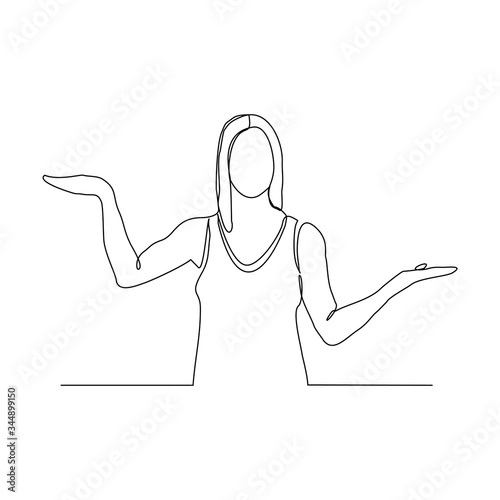 Continuous line drawing of standing woman open palm hand gesture to make comparasion. Vector illustration photo