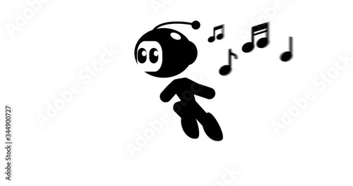 AI concept. Robot singing and skipping funny. 2d, animation, cartoon, illustration, sketch, clip art, vector. Web page sign in black and white. Alpha channel. Time lapse.