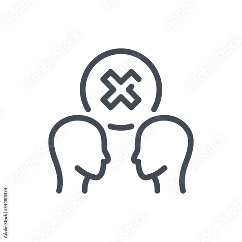 Social distancing and No talking line icon. Two heads with prohibition vector outline sign.