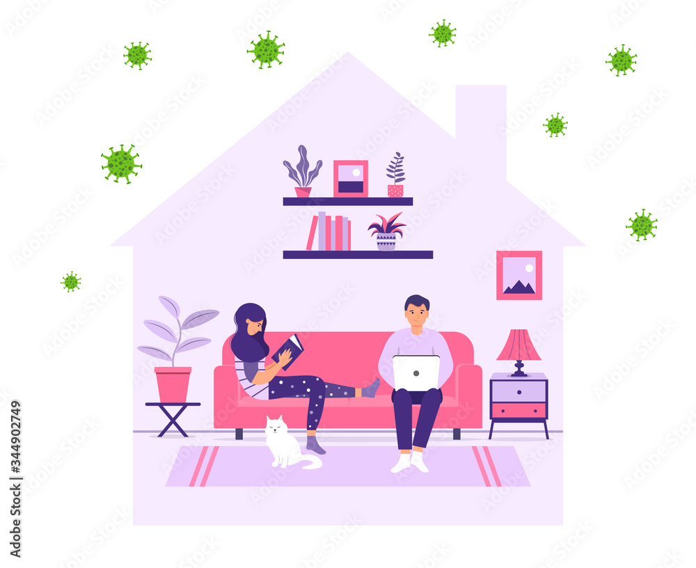 Stay home. A family is sitting at home for fear of contracting a coronavirus. Healthcare concept. Quarantine or self-isolation. Global viral epidemic or pandemic. Cute vector illustration. Stay home. A family is sitting at home for fear of contracting a coronavirus. Healthcare concept. Quarantine or self-isolation. Global viral epidemic or pandemic. Cute vector illustration.
