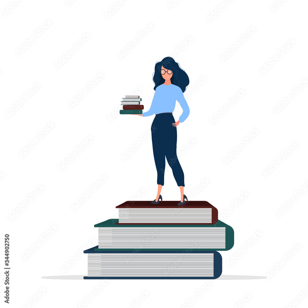 A girl is standing on books. Girl holds a stack of books. The concept of learning and self-development. Isolated. Vector. A girl is standing on books. Girl holds a stack of books. The concept of learning and self-development. Isolated. Vector.
