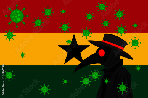 Black plague doctor surrounded by viruses with copy space with GHANA flag.
