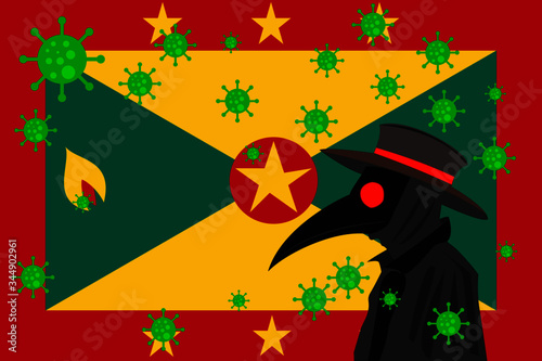 Black plague doctor surrounded by viruses with copy space with GRENADA flag.