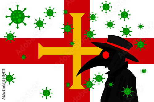 Black plague doctor surrounded by viruses with copy space with GUERNSEY flag.