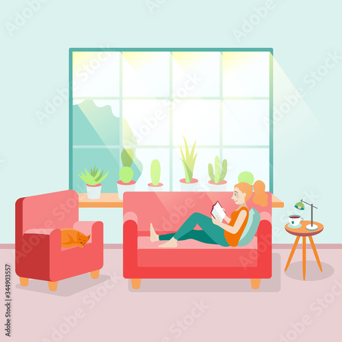 Redhead woman chilling and reading a book on couch at home with her cat lying close by and sunlight coming through the window illustration