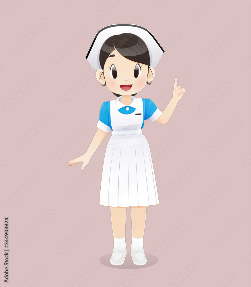 Nursing student wearing a blue and white uniform stands on a pink background. Smiling female nursing staff. Vector illustration in Cartoon character design Nursing student wearing a blue and white uniform stands on a pink background. Smiling female nursing staff. Vector illustration in Cartoon character design