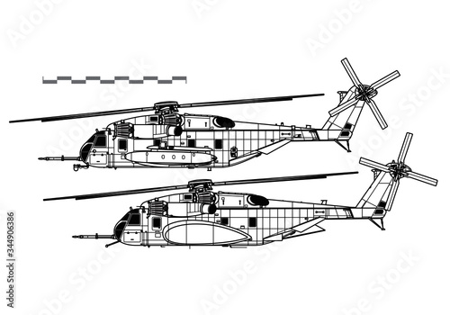 Sikorsky CH-53E Super Stallion. Vector drawing of heavy-lift cargo helicopter. Side view. Image for illustration and infographics.
