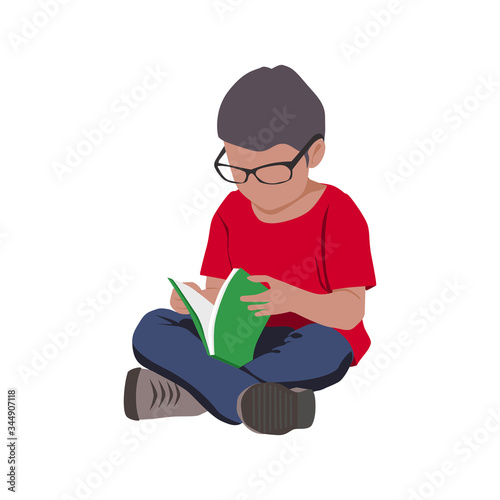 Child sitting on the floor and reading a green book. Great for your home schooling, kids reading programs, and child literature clubs. - Vector