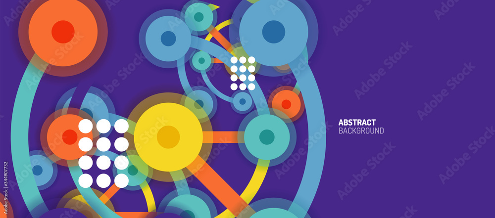 Flat style geometric abstract background, round dots or circle connections on color background. Technology network concept. Flat style geometric abstract background, round dots or circle connections on color background. Technology network concept.