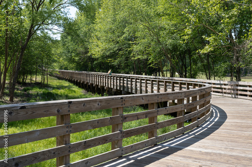 Fotografi Distant runner on a very long elevated boardwalk winding through trees and over