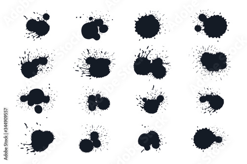 Black ink splashes set manually traced. inked splatter dirt stain splatter spray splash with drops blots isolated. grunge dirty liquid vector illustration.