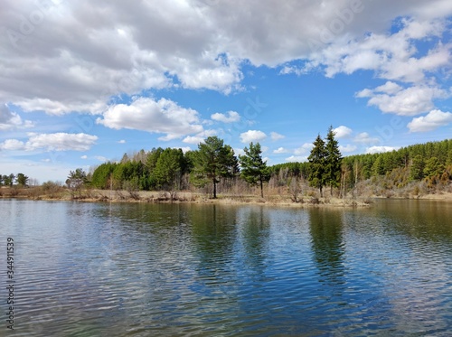 trees on an island in the center of the pond against a blue sky with clouds on a sunny day