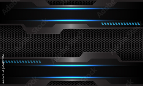 Abstract blue metallic circuit on dark grey hexagon mesh pattern design modern futuristic technology background vector illustration.