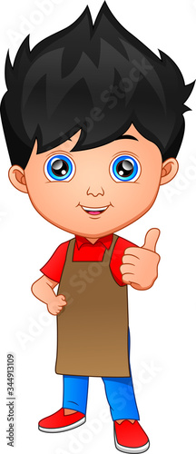 Smiling young man in brown apron thumb up