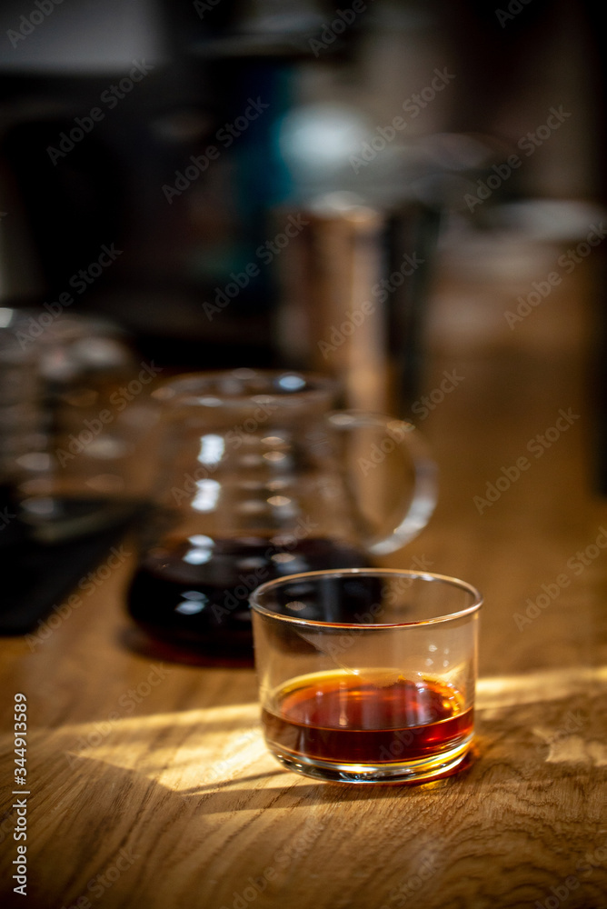 Pour over black coffee hario on table coffee house cafe serving kettle
