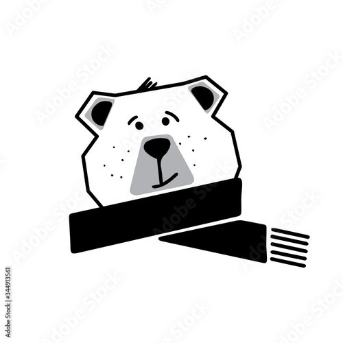 Silhouette сute brown bear with a black scarf. Graphic cartoon animal design. Great for postcards, textiles, stickers, logo, fabric. New year, merry christmas, winter, autumn. Cold.Vector illustration