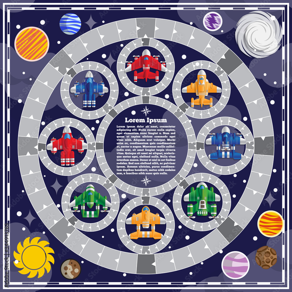 A board game on the space theme. On a dark background. Vector illustration.