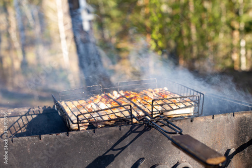 grilled chicken in a grill on a black grill, summer picnic with barbecue, grill and smoke, green grass in a blur in the background, grill handle in the foreground