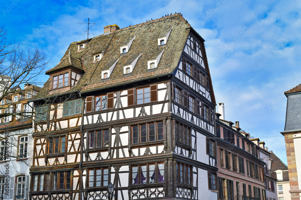 Traditional European style half timbered frame house in historical city center of Strasbourg in France