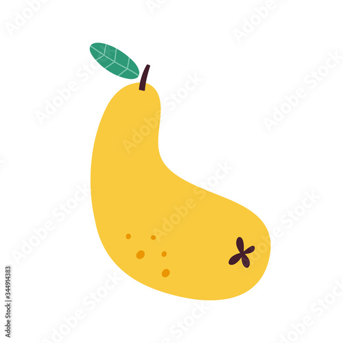 Pear icon, cute funny fruit doodle drawing, isolated vector illustration, fresh juicy pear with leaf, cute hand drawn art