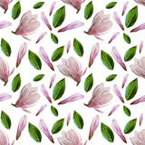Seamless pattern with blooming magnolia flowers and leaves. Watercolor illustration. Pattern on white background for your design, wrapping paper, fabric, background