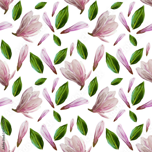 Seamless pattern with blooming magnolia flowers and leaves. Watercolor illustration. Pattern on white background for your design  wrapping paper  fabric  background