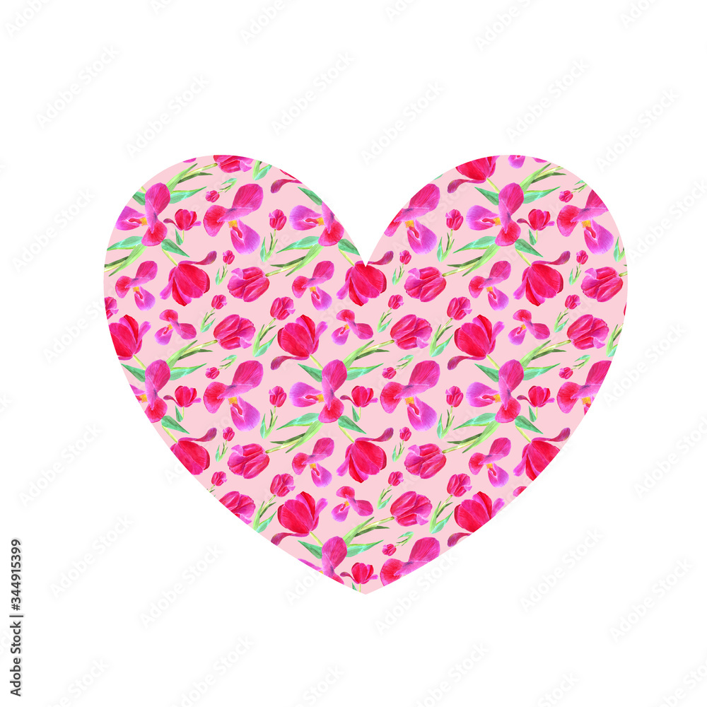 heart with a floral watercolor pattern isolated on a white background. love symbol. For design card, poster, sticker, icon. flowers, spring summer