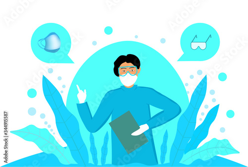 Vector illustration. A doctor in protective gear against COVID-19 coronavirus and encourages their use