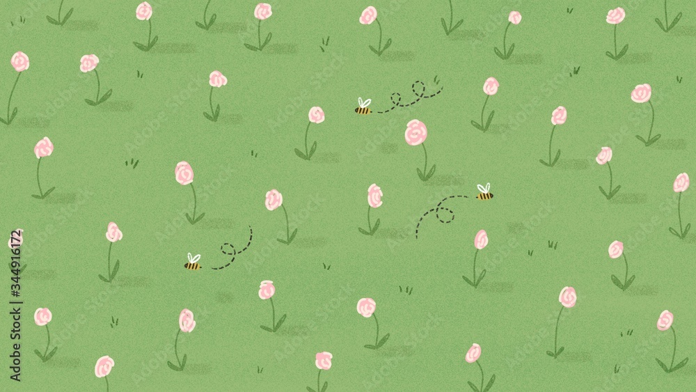Green field of pink flowers with flying buzzing yellow bees Green field of pink flowers with flying buzzing yellow bees