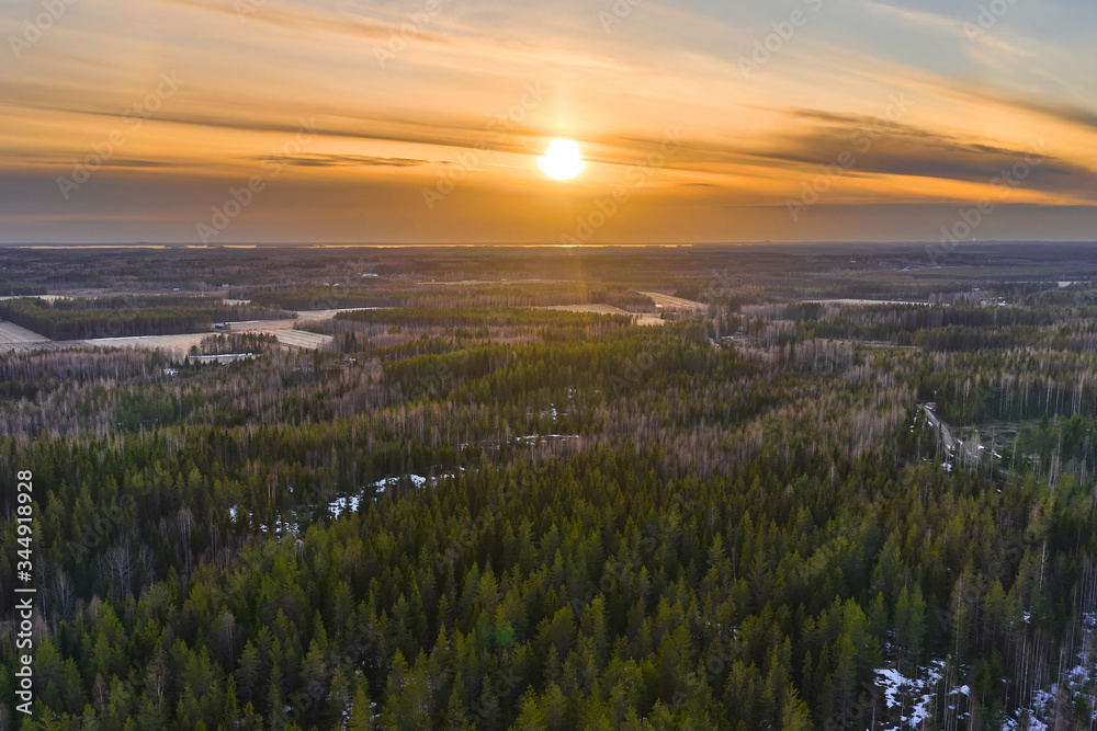 Aerial view of spring forest in Finland. North-Karelia nature. Sunset on the background.