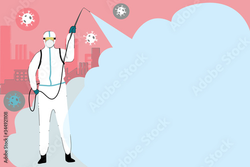 Public health staff is spraying the chemicals to eliminate the virus in the city. blank space for fill information with illustration of human in ppe suit.