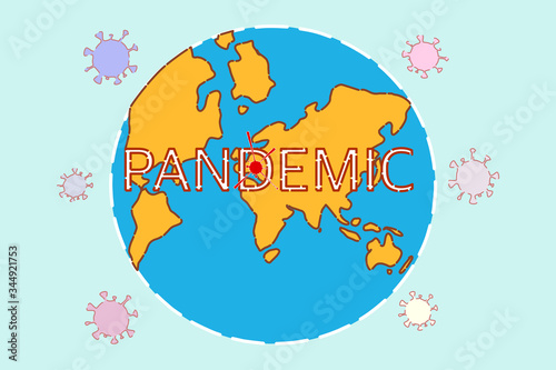 The illustration of earth and corona virus with text of pandemic