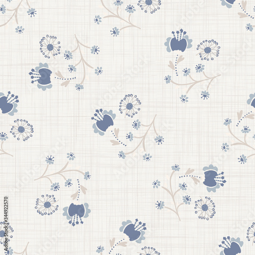 
Seamless tossed floral pattern in french blue linen shabby chic style. Hand drawn country bloom texture. Rustic woven background. Kitchen towel home decor swatch. Simple flower motif all over print