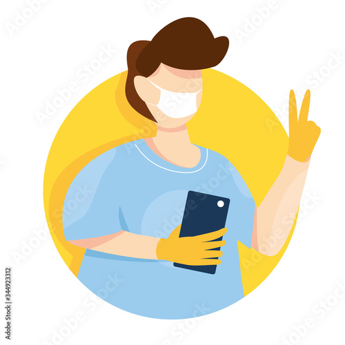 Vector illustration of quarantine online chat. Young man in medicine mask and protective gloves with smartphone taking selfie. Chatting with friends during an epidemic
