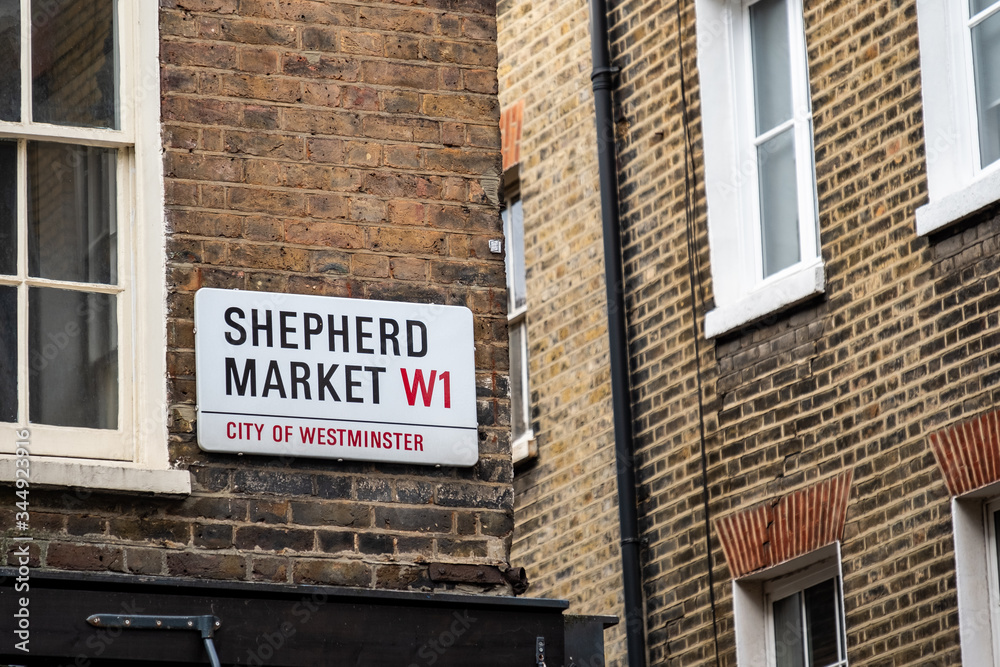 LONDON- Shepherd Market street sign in Mayfair, a characterful 18th Century market square with pubs, restaurants and shops in upmarket area of the West End