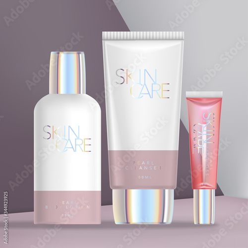 Vector Holographic Beauty or Skincare Packaging Set with Spray Bottle, Opaque & Clear Tubes