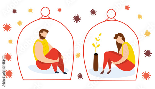 Vector illustration of quarantine self isolation. Couple in love does not meet because of coronavirus COVID-19 epidemic. Stay home.