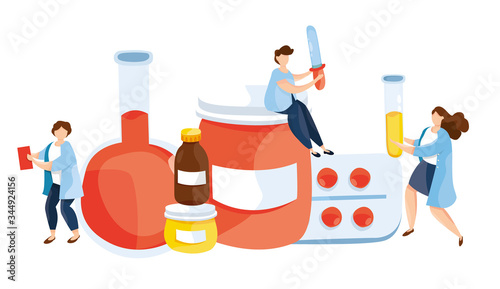 Vector illustration of doctor with medicine drugs. Tube with blood and vaccine. Research lab. Viral center. Research center. Medicament Treatment and Health Care. Healthcare persons concept.
