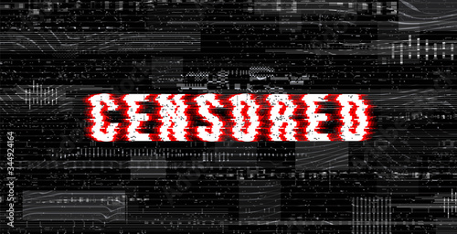The word Censored in a distorted glitch style.  Design element for event advertising, branding, shares, promotion. Vector illustration.