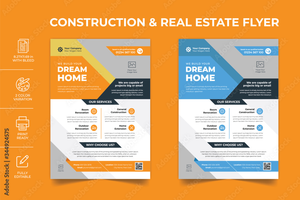 Corporate Construction & Real Estate Business A4 Flyer poster pamphlet  brochure cover design layout background, two colors scheme, vector template  . Stock Vector | Adobe Stock