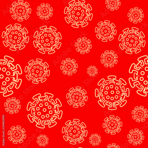 Seamless pattern with coronavirus. Simple flat design. Background for template medical theme Covid 19, Coronavirus 2019-nCoV. Fashionable red Backdrop color.